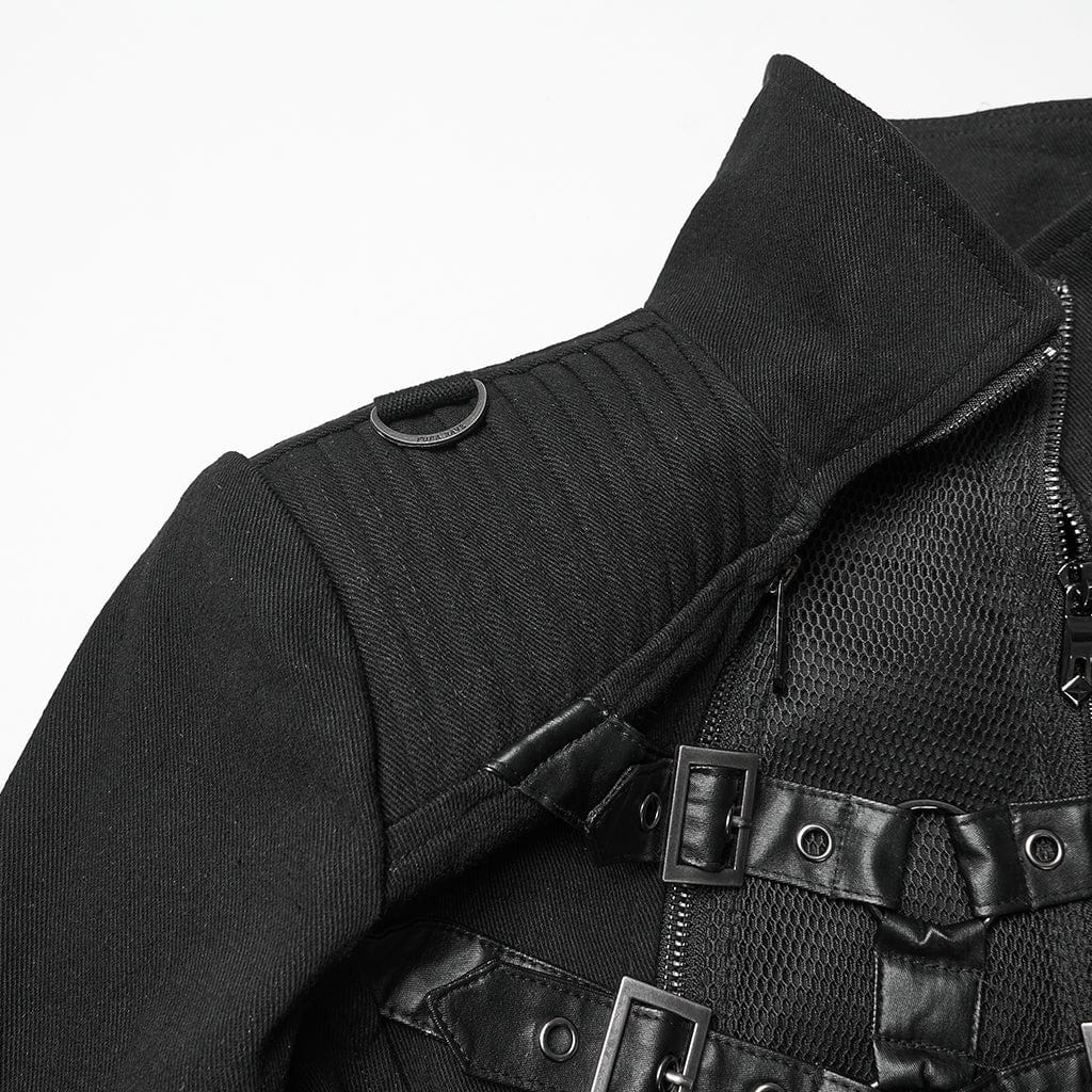 PUNK RAVE Women's Punk Detachable Mesh Lace-up Buckle Strap Coat