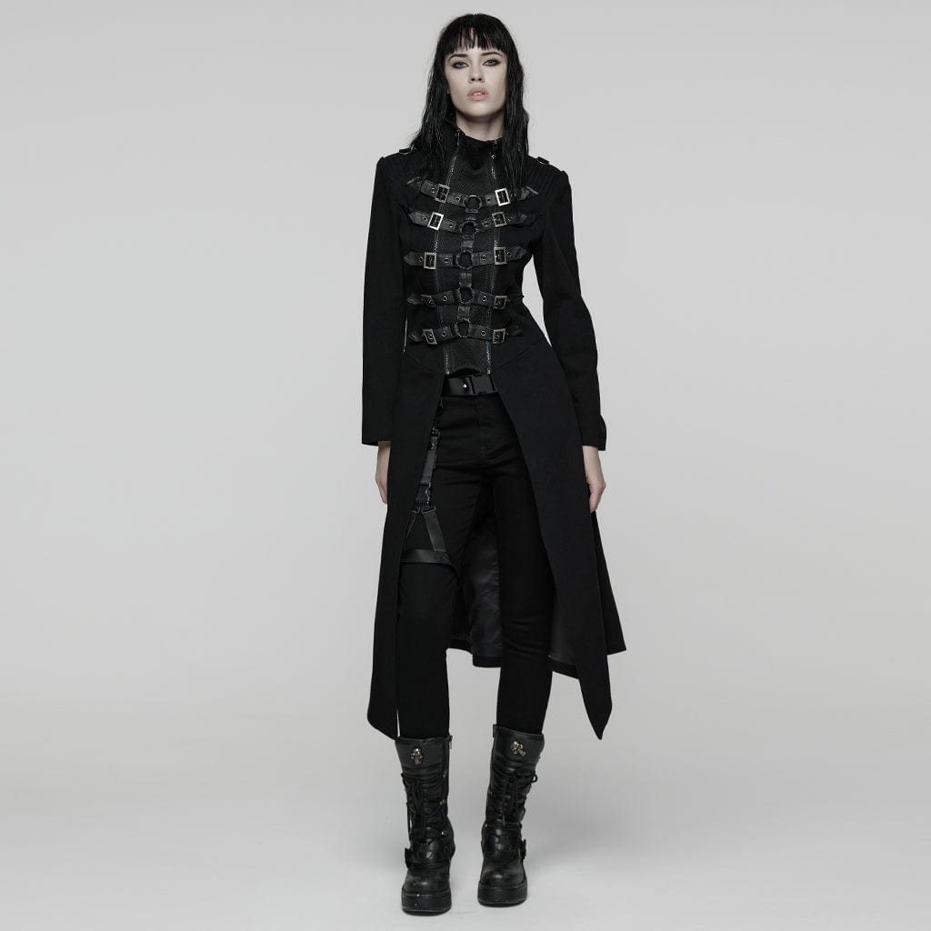 PUNK RAVE Women's Punk Detachable Mesh Lace-up Buckle Strap Coat