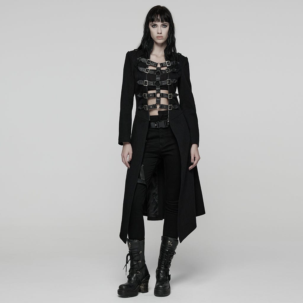 PUNK RAVE Women's Punk Detachable Mesh Lace-up Buckle Strap Coat