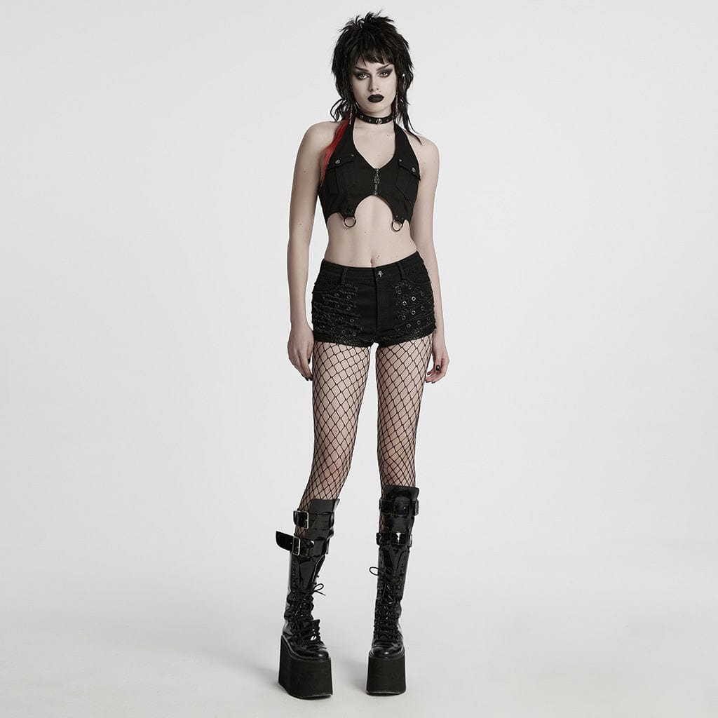 PUNK RAVE Women's Punk Distressed Mesh Splice Short