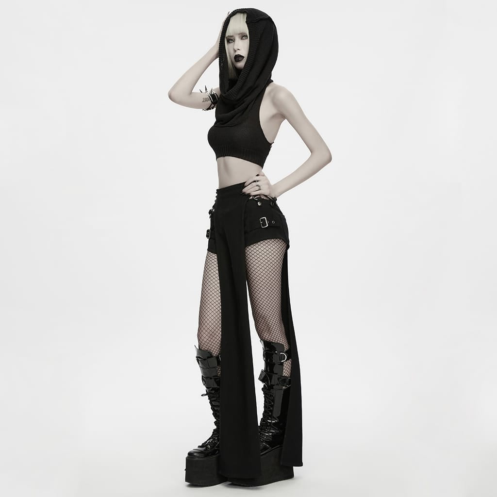PUNK RAVE Women's Punk Draped Neck Hooded Sweater