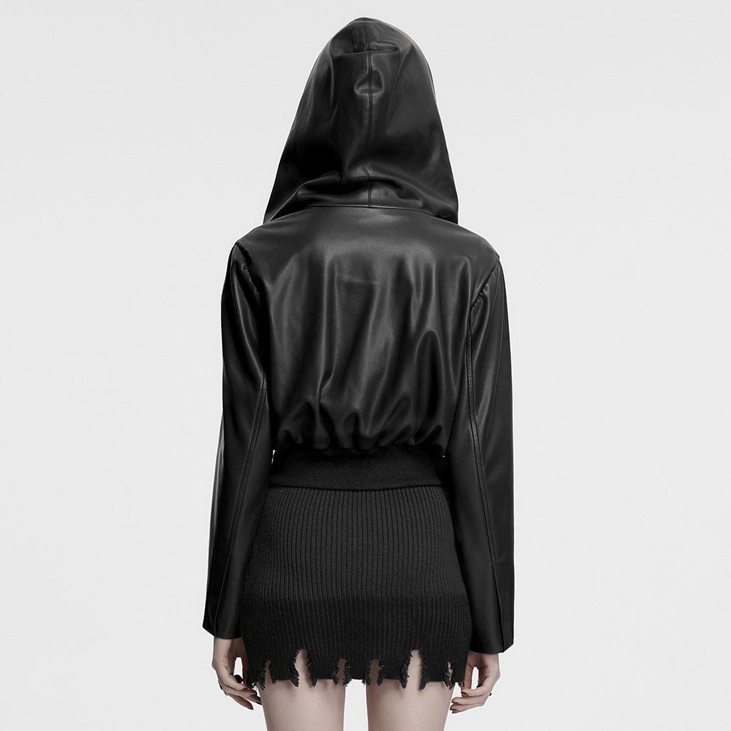 PUNK RAVE Women's Punk Elastic Waist Faux Leather Hooded Jacket Black