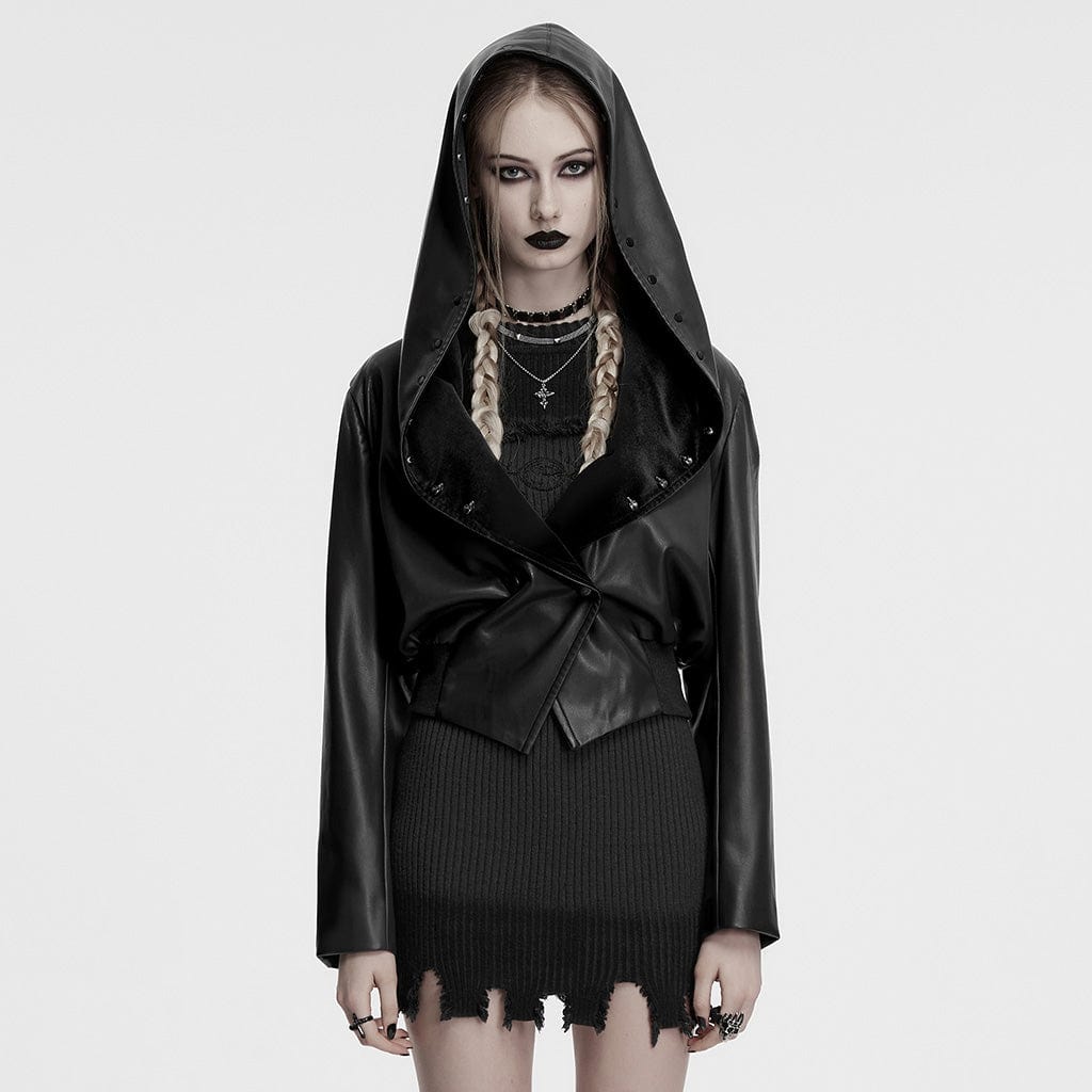 PUNK RAVE Women's Punk Elastic Waist Faux Leather Hooded Jacket Black