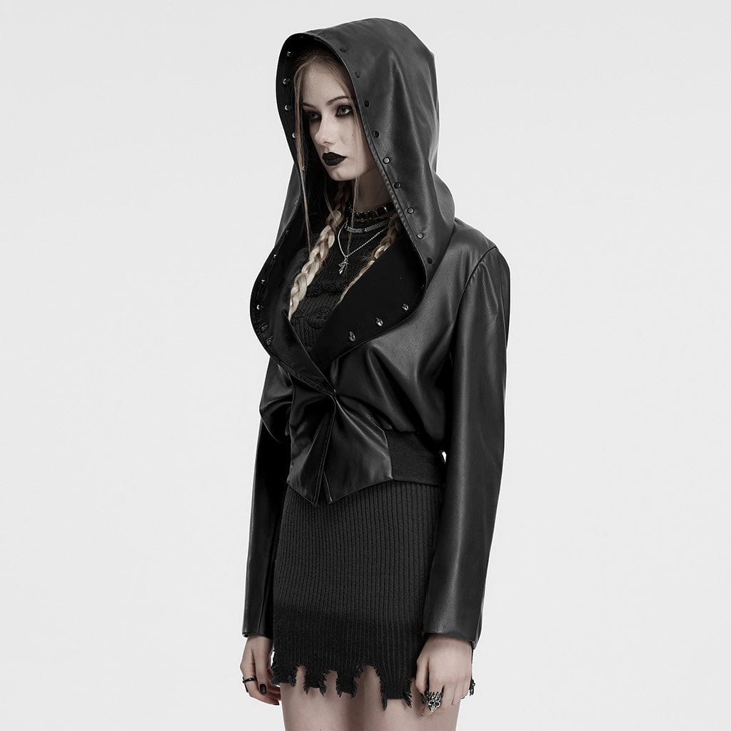 PUNK RAVE Women's Punk Elastic Waist Faux Leather Hooded Jacket Black