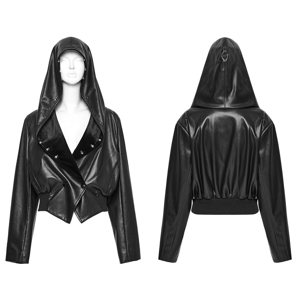 PUNK RAVE Women's Punk Elastic Waist Faux Leather Hooded Jacket Black