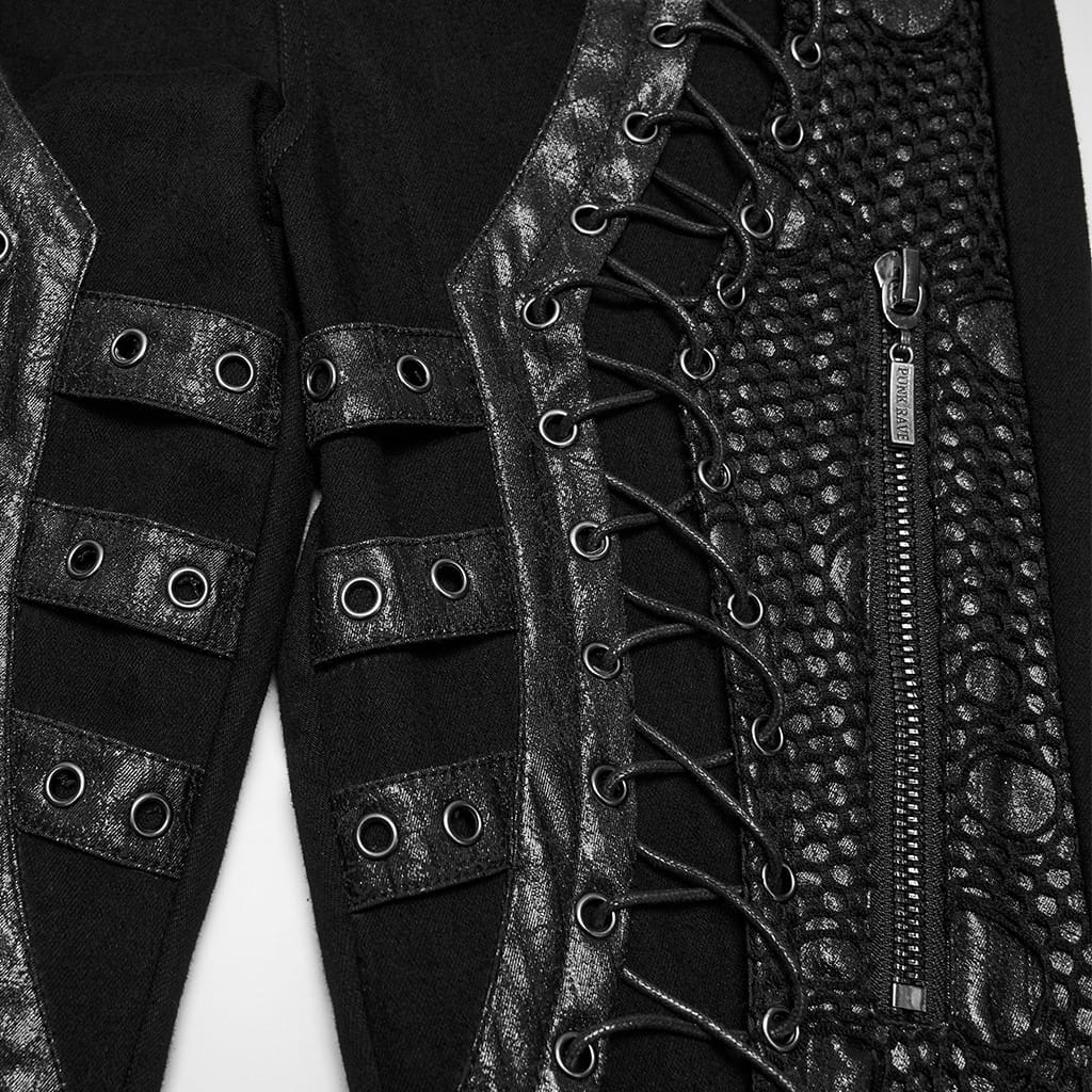 PUNK RAVE Women's Punk Eyelet Lace-up Pin Buckle Strap Skinny Pants