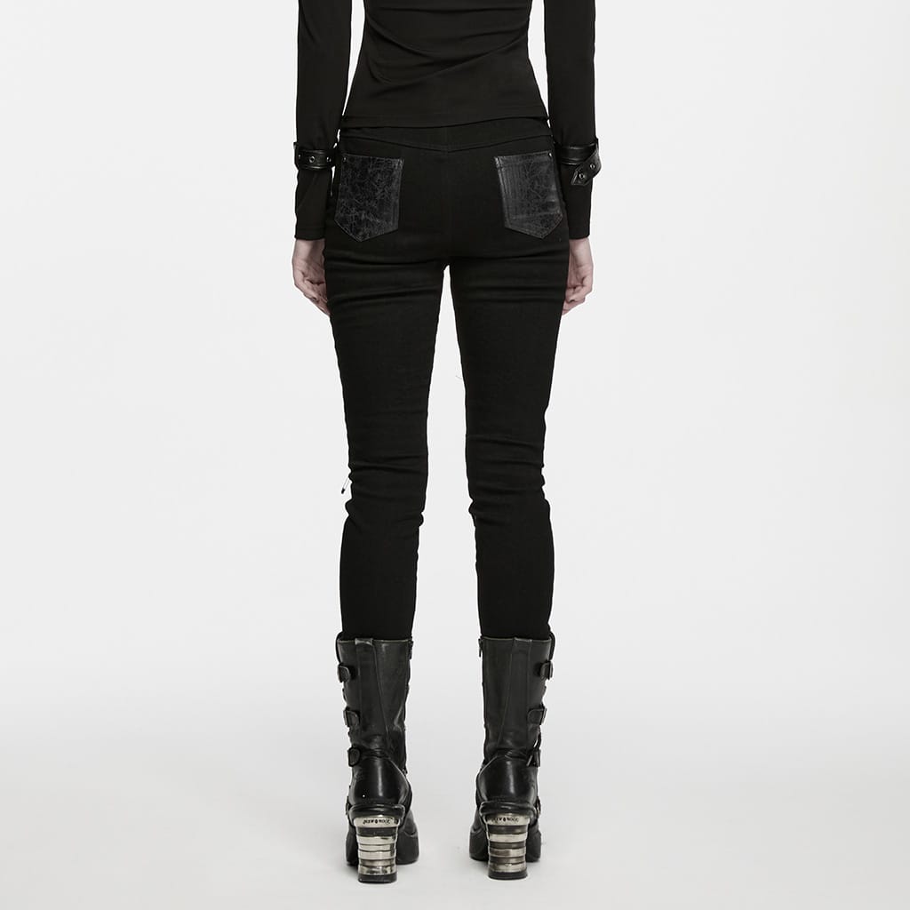 PUNK RAVE Women's Punk Eyelet Lace-up Pin Buckle Strap Skinny Pants