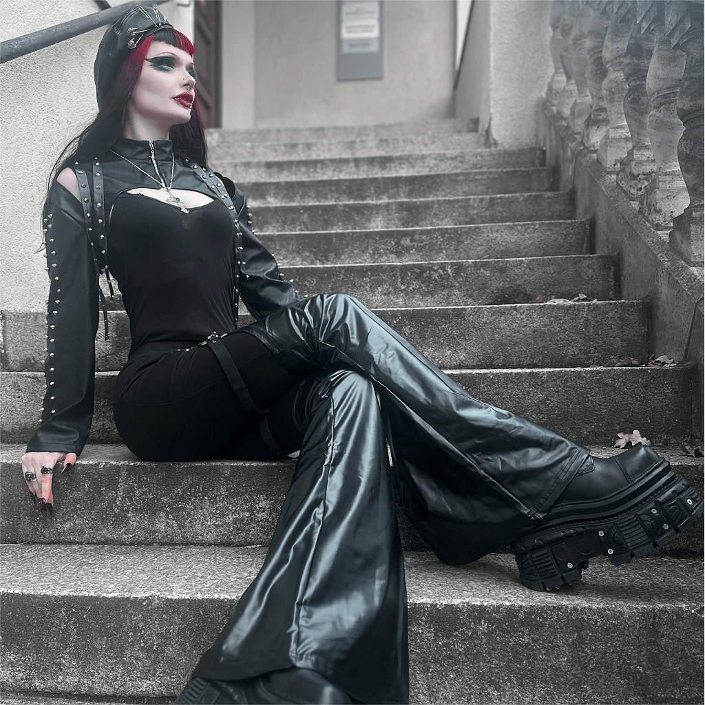 PUNK RAVE Women's Punk Eyelet Leggings with Faux Leather Leg Warmers