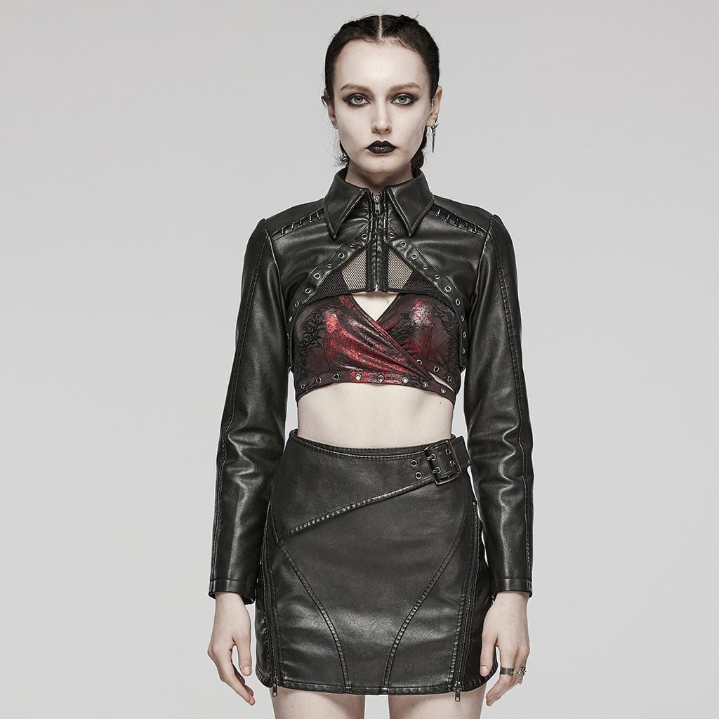 PUNK RAVE Women's Punk Eyelet Mesh Faux Leather Short Jacket