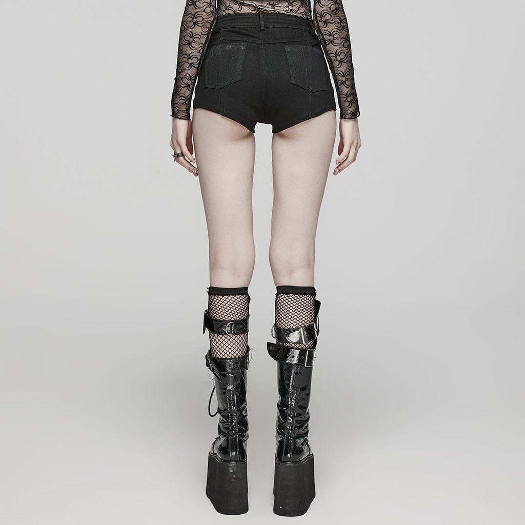 PUNK RAVE Women's Punk Eyelet Mesh Ring Shorts