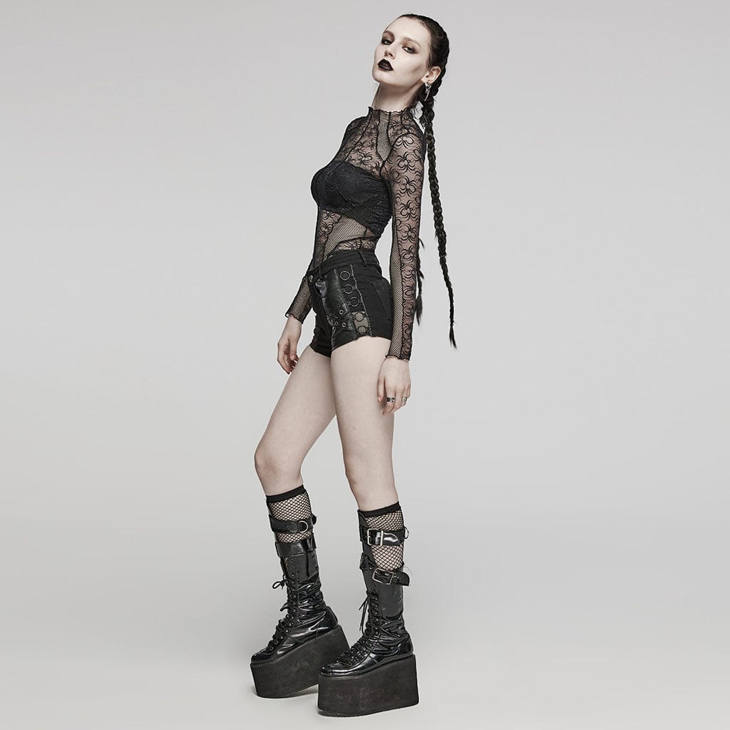 PUNK RAVE Women's Punk Eyelet Mesh Ring Shorts
