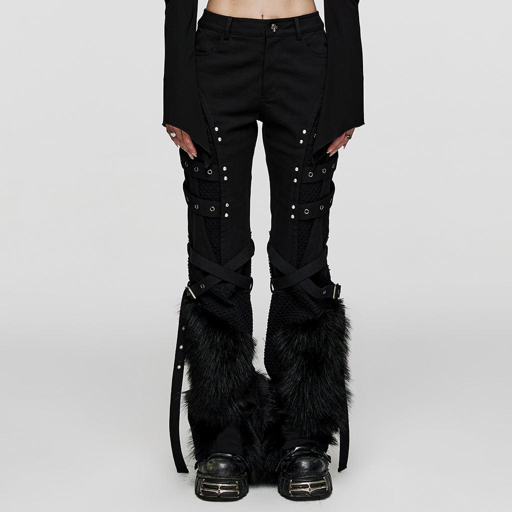 PUNK RAVE Women's Punk Eyelet Mesh Splice Fluffy Pants