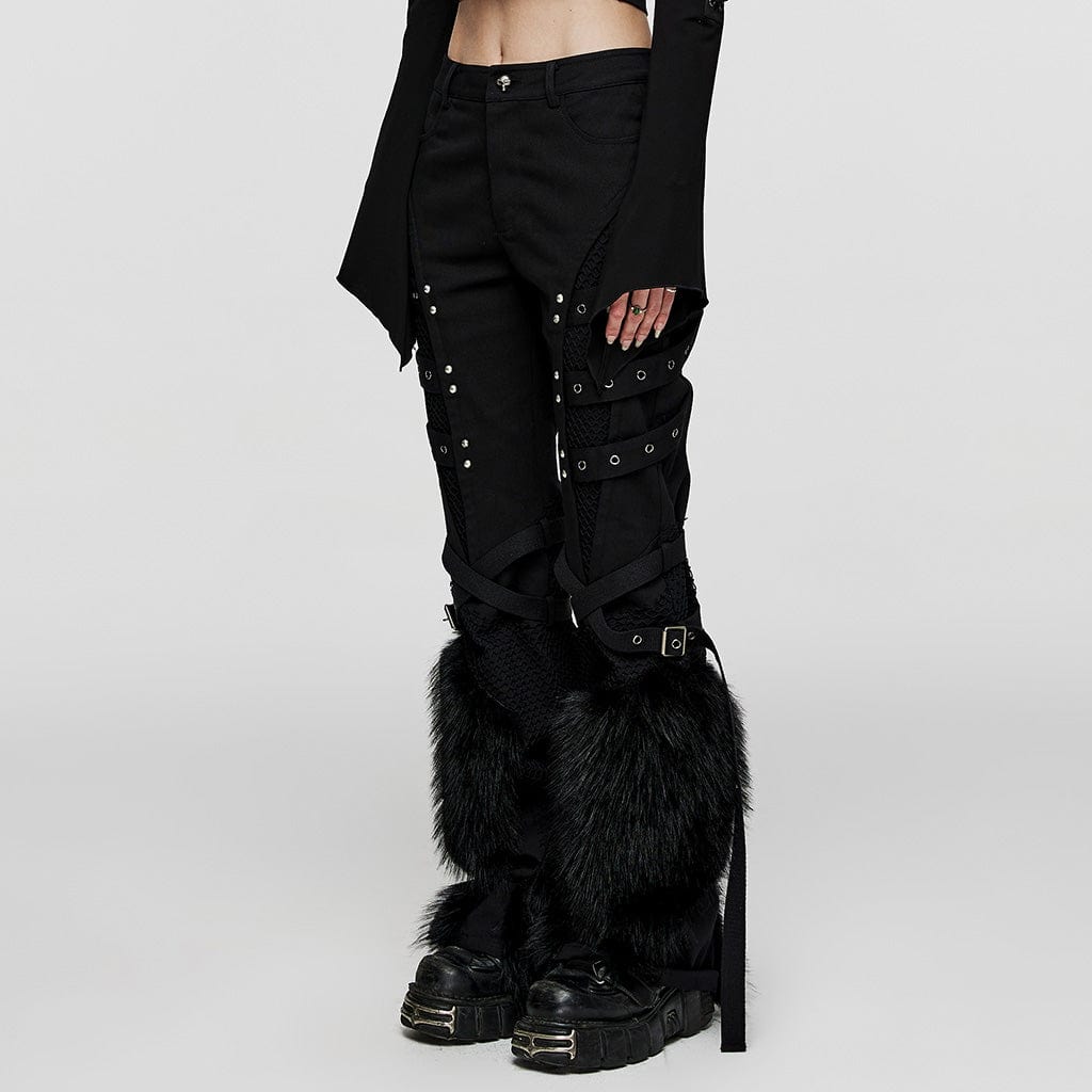 PUNK RAVE Women's Punk Eyelet Mesh Splice Fluffy Pants