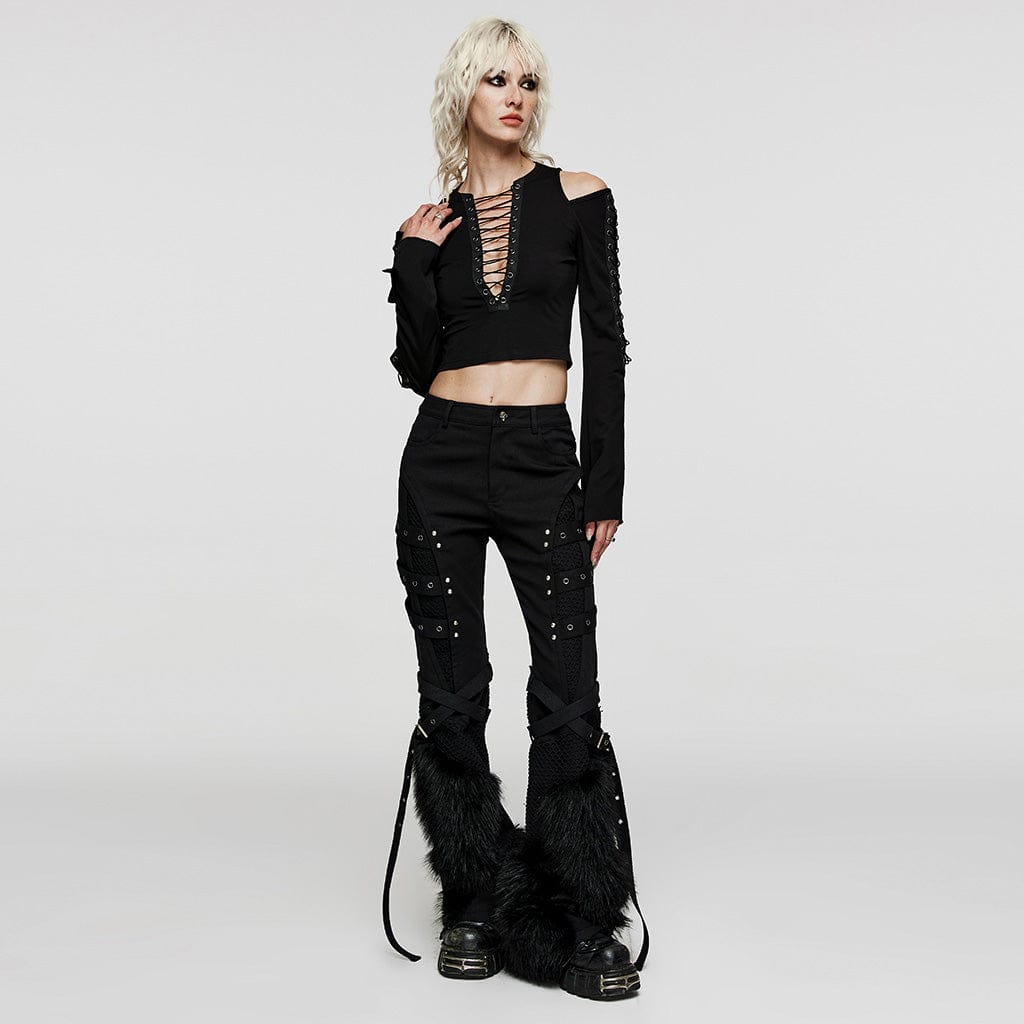 PUNK RAVE Women's Punk Eyelet Mesh Splice Fluffy Pants