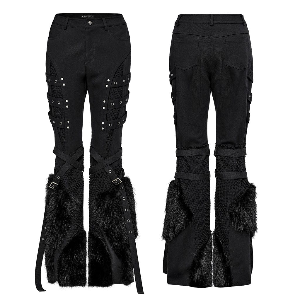 PUNK RAVE Women's Punk Eyelet Mesh Splice Fluffy Pants