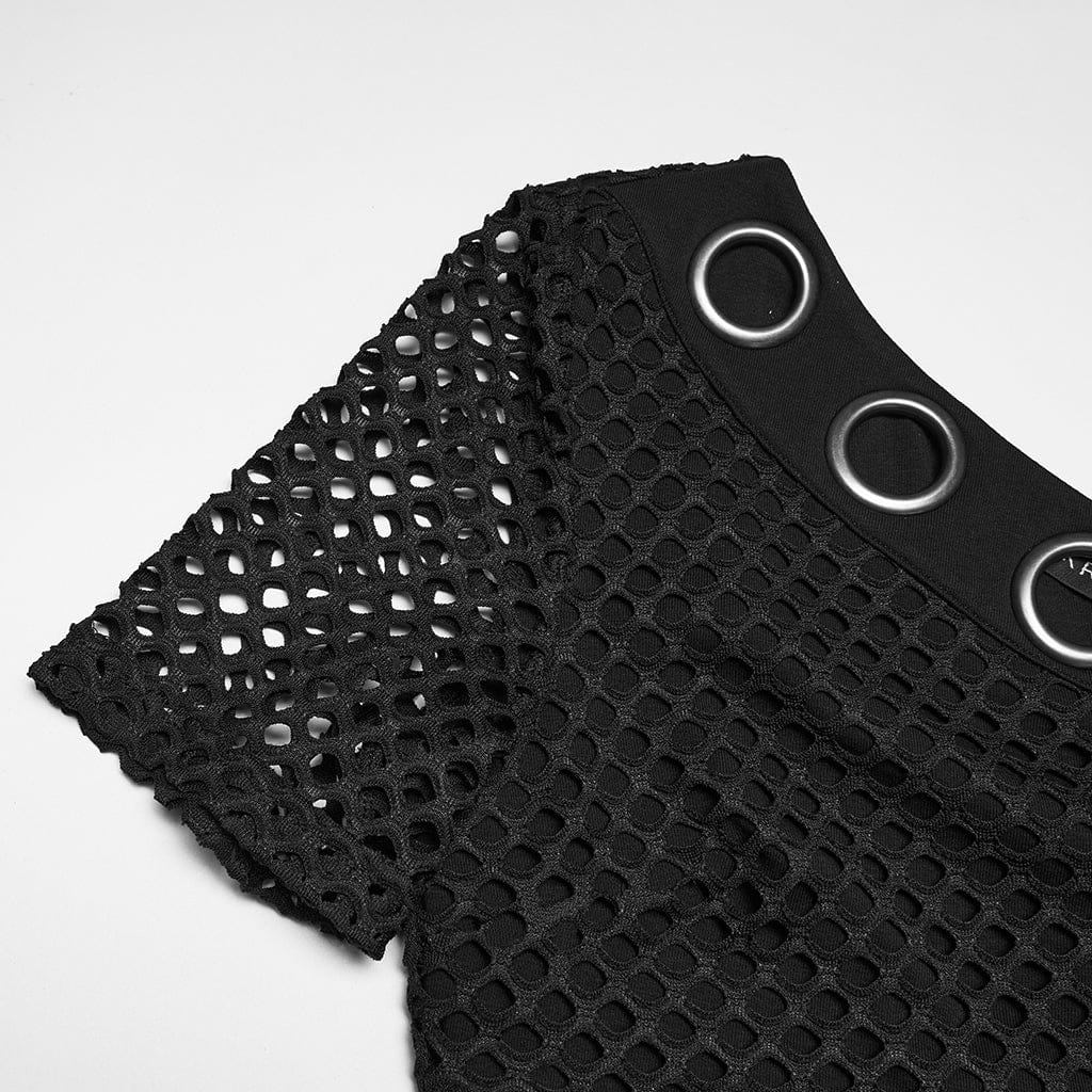 PUNK RAVE Women's Punk Eyelet Mesh Splice Slant Shoulder Shirt