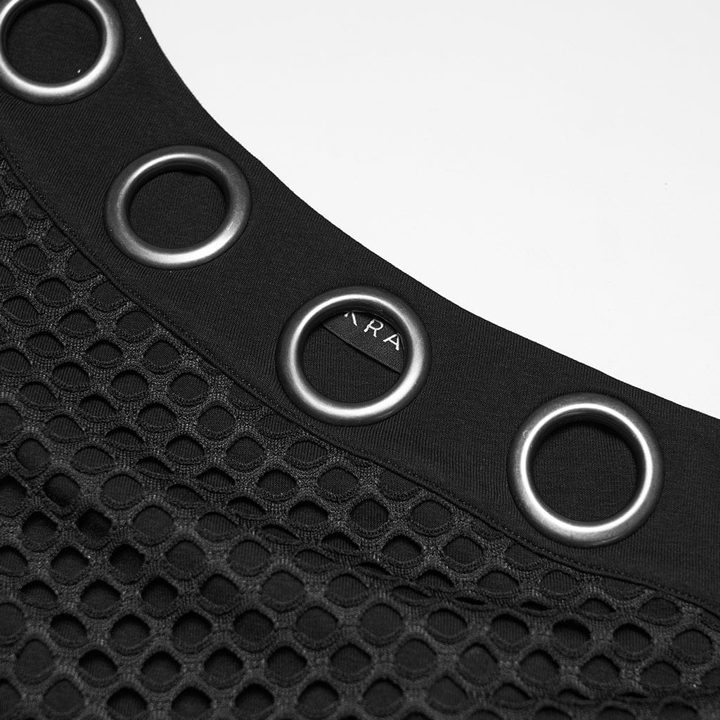 PUNK RAVE Women's Punk Eyelet Mesh Splice Slant Shoulder Shirt