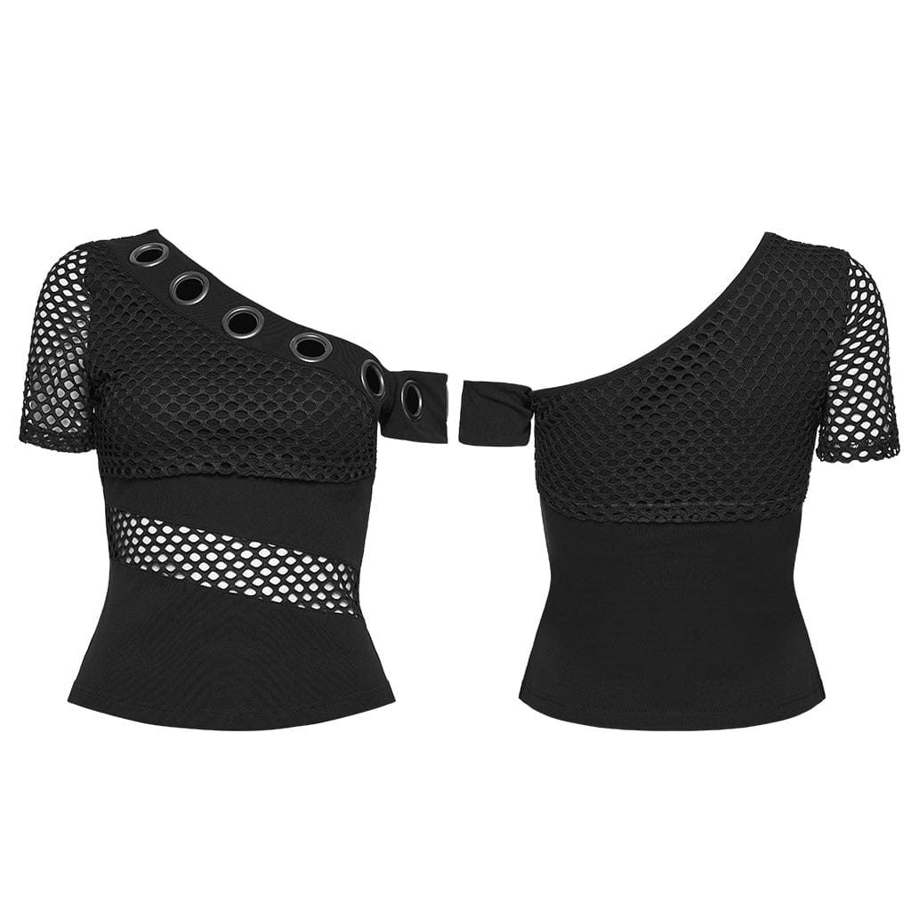 PUNK RAVE Women's Punk Eyelet Mesh Splice Slant Shoulder Shirt