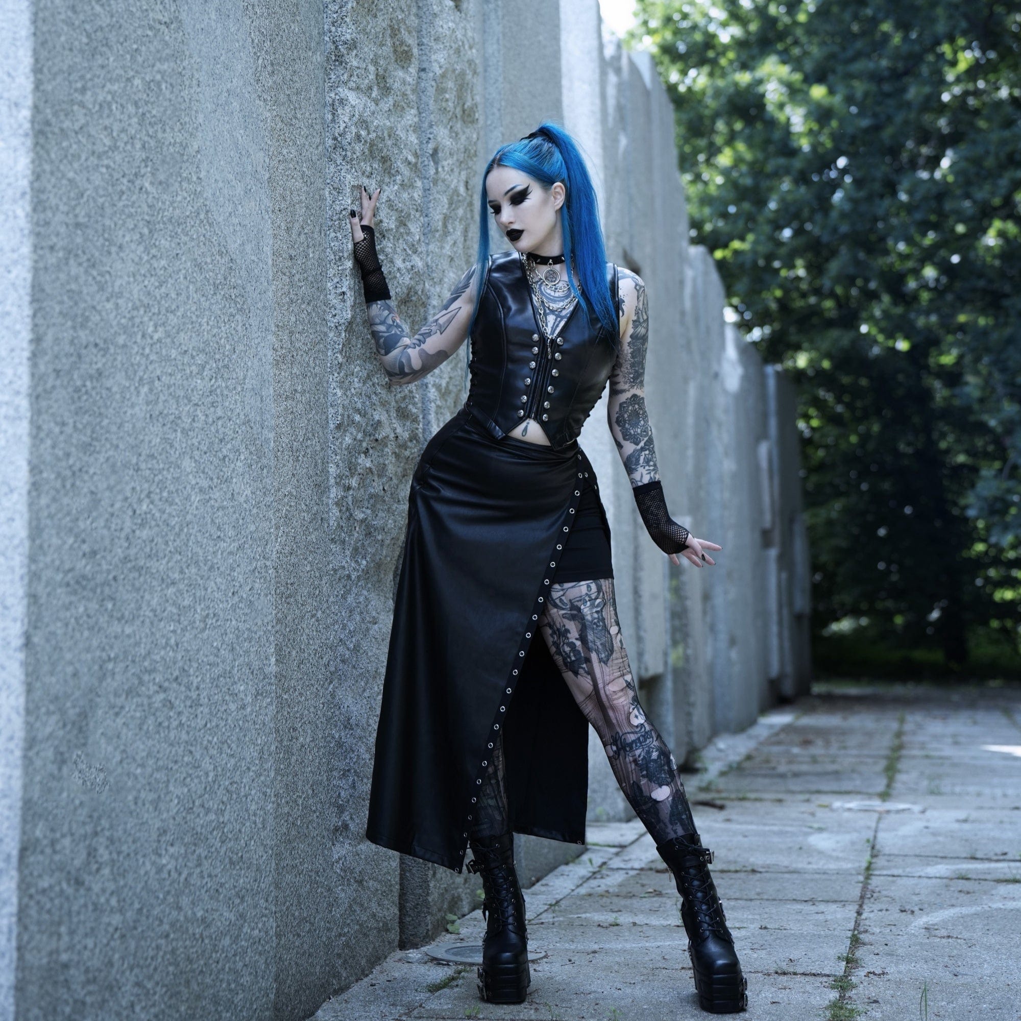 PUNK RAVE Women's Punk Eyelet Split Faux Leather Skirt