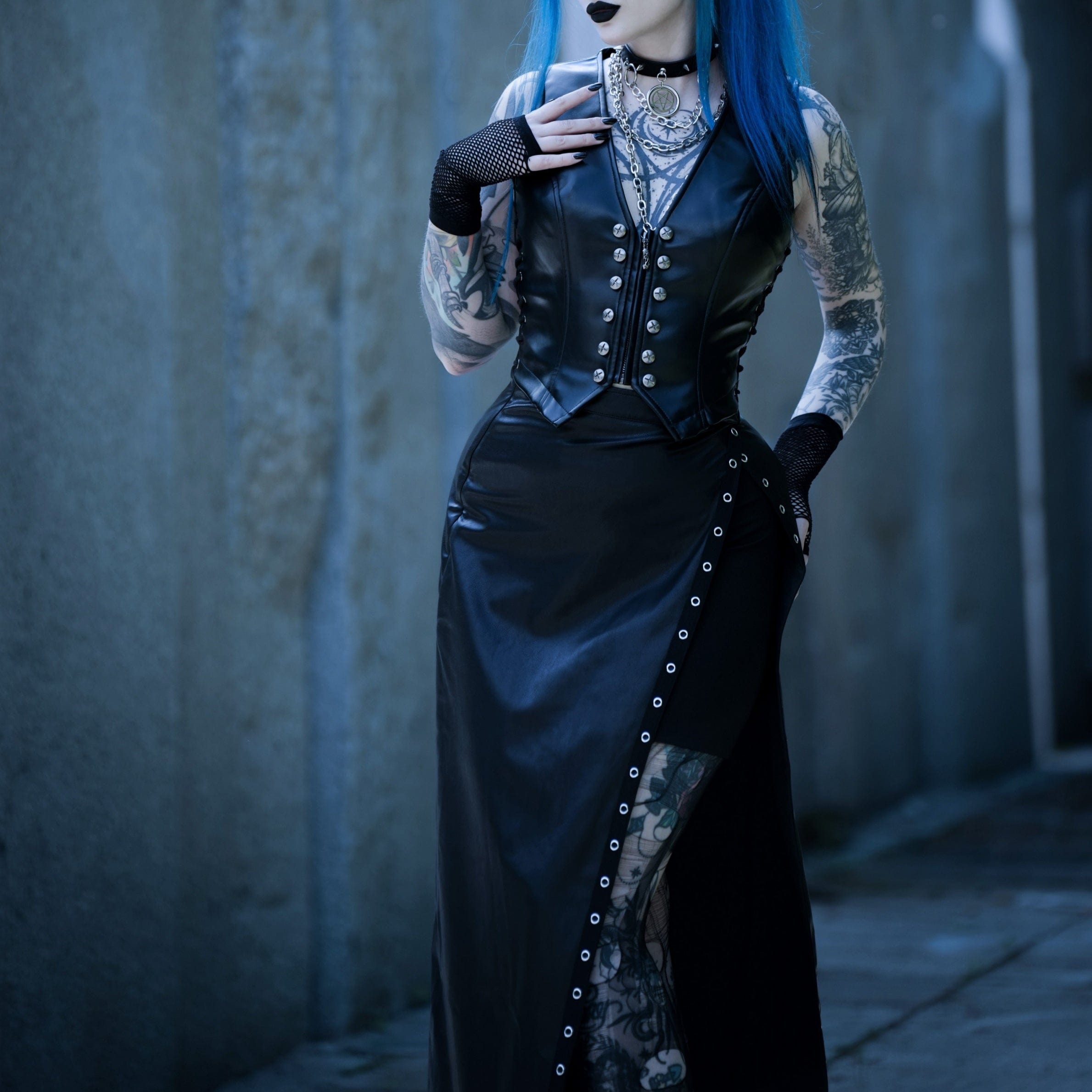 PUNK RAVE Women's Punk Eyelet Split Faux Leather Skirt