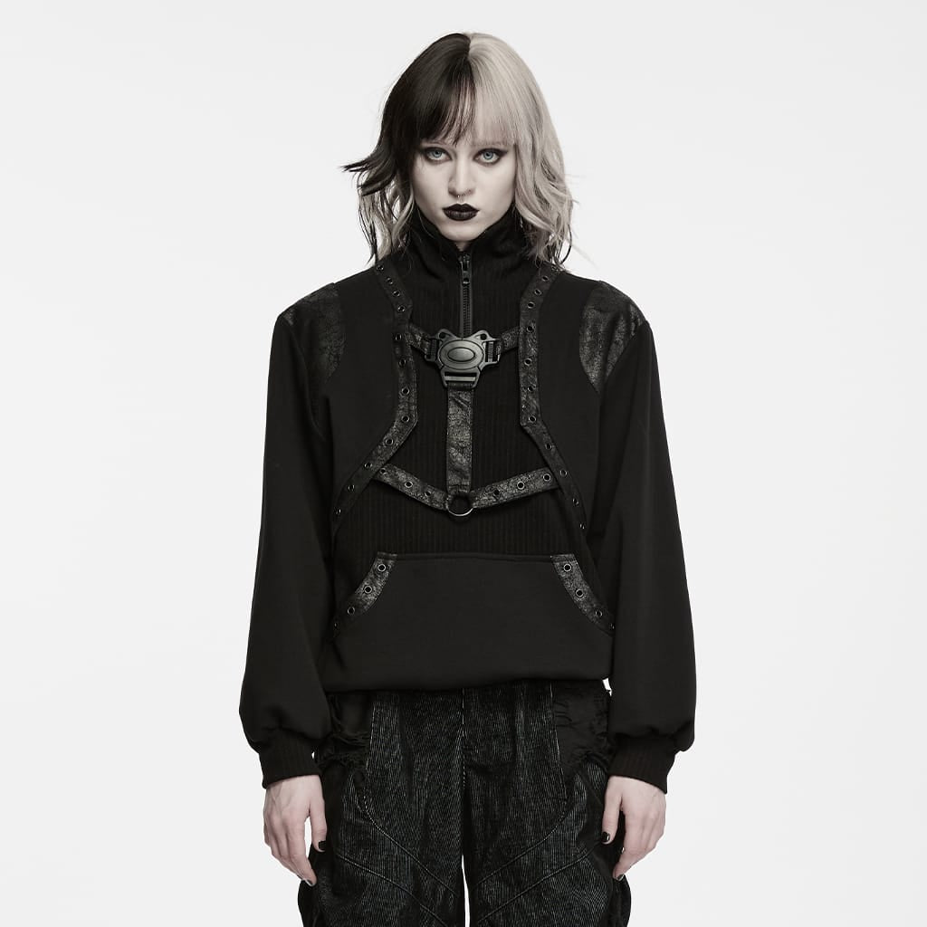 PUNK RAVE Women's Punk Eyelet Stand Collar Sweatshirt