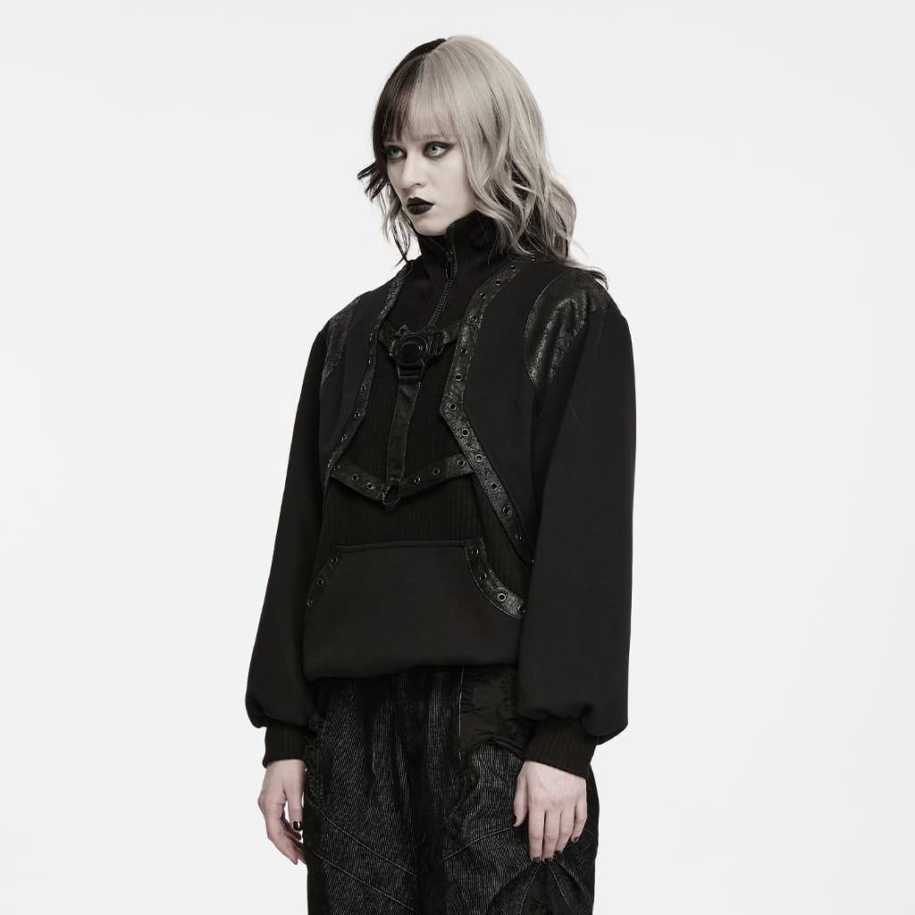 PUNK RAVE Women's Punk Eyelet Stand Collar Sweatshirt
