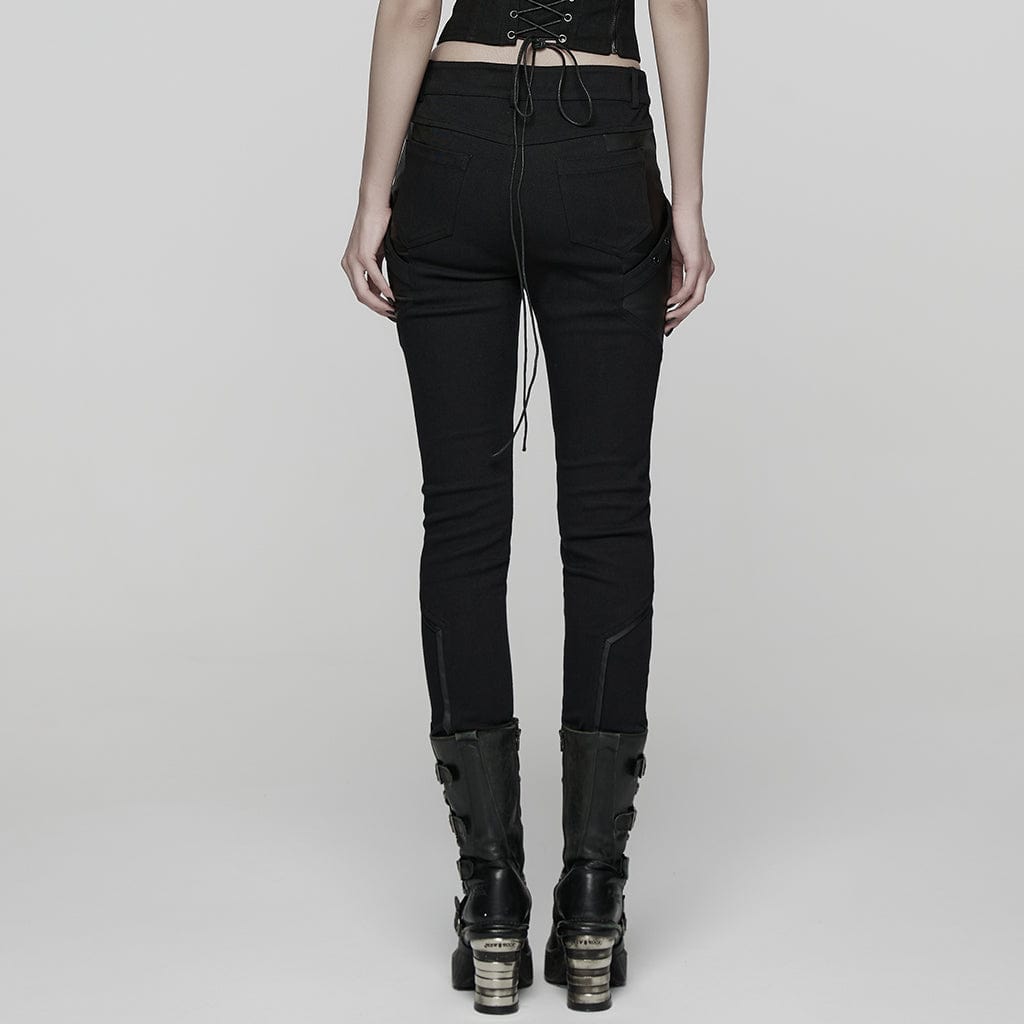 PUNK RAVE Women's Punk Eyelet Strap Faux Leather Splice Pants