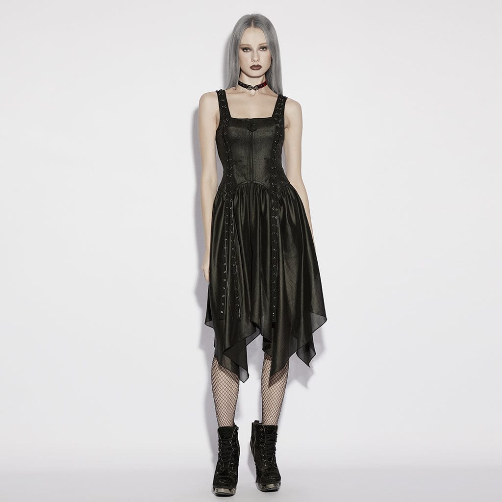 PUNK RAVE Women's Punk Eyelet Strap Zip Slip Dress