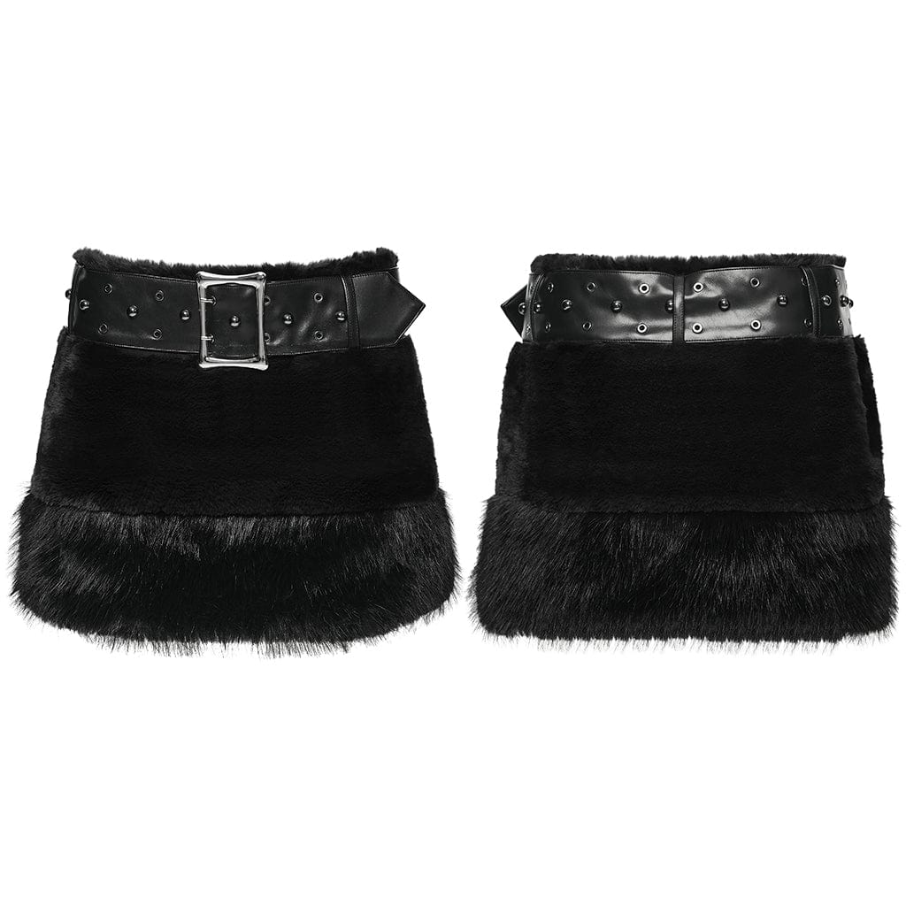 PUNK RAVE Women's Punk Faux Fur Skirt with Belt Black