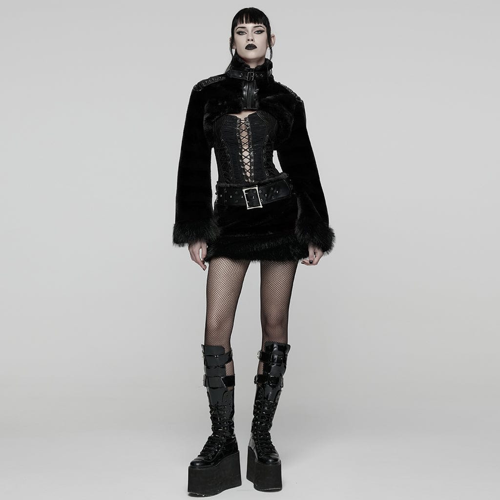 PUNK RAVE Women's Punk Faux Fur Skirt with Belt Black