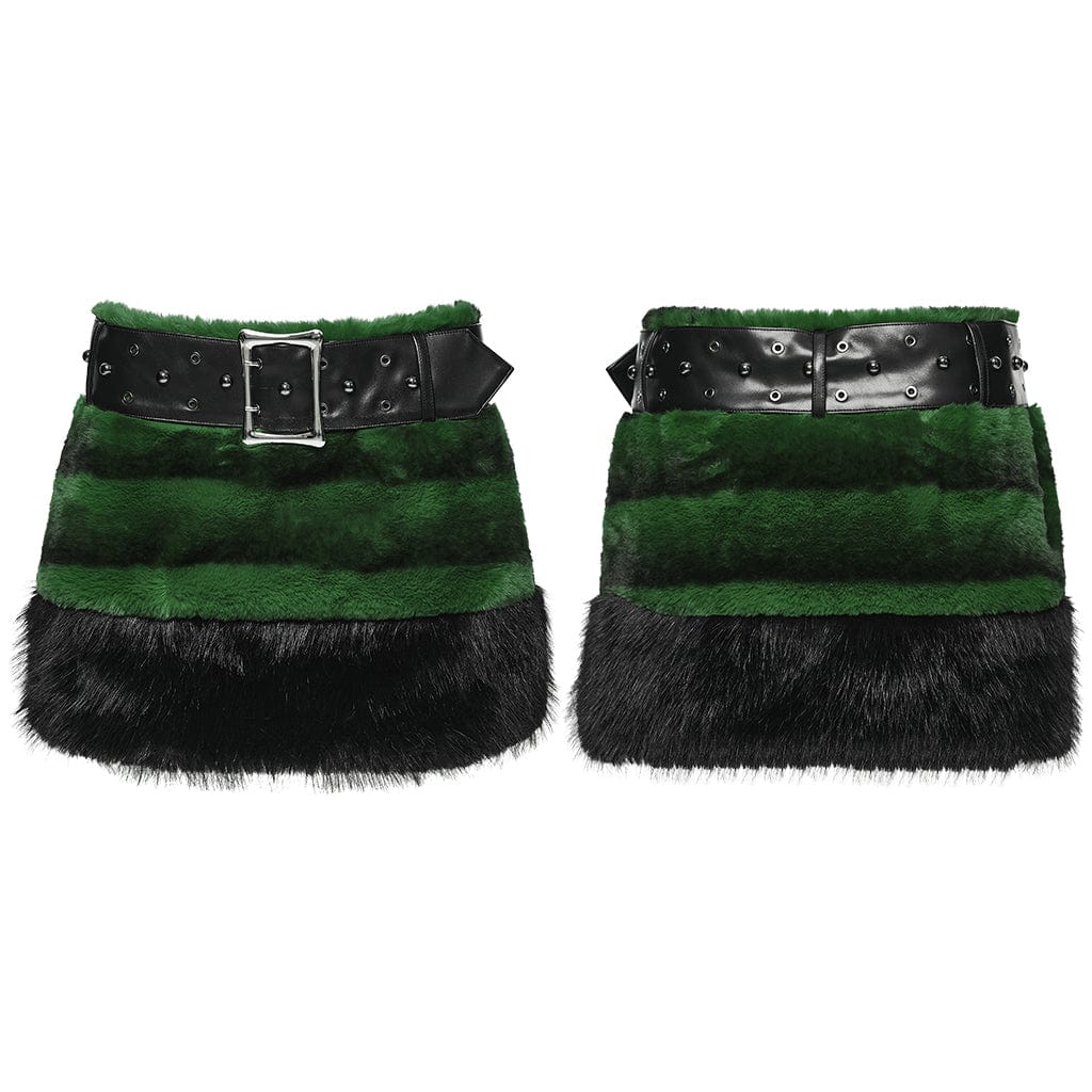PUNK RAVE Women's Punk Faux Fur Skirt with Belt Green