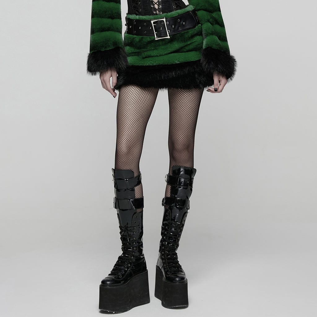 PUNK RAVE Women's Punk Faux Fur Skirt with Belt Green