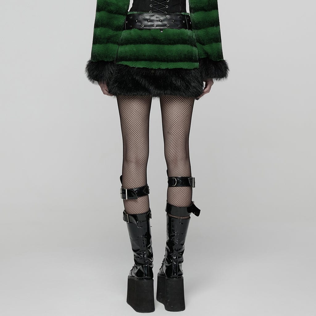 PUNK RAVE Women's Punk Faux Fur Skirt with Belt Green