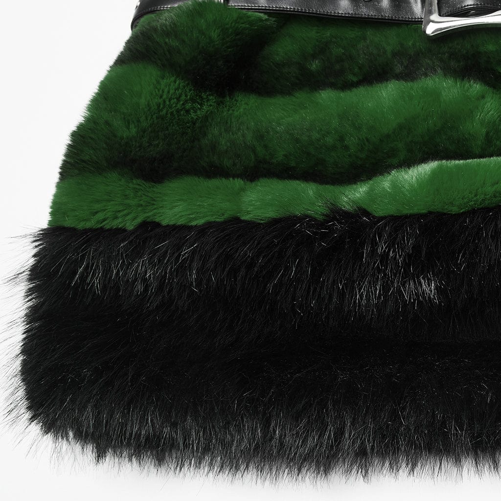 PUNK RAVE Women's Punk Faux Fur Skirt with Belt Green