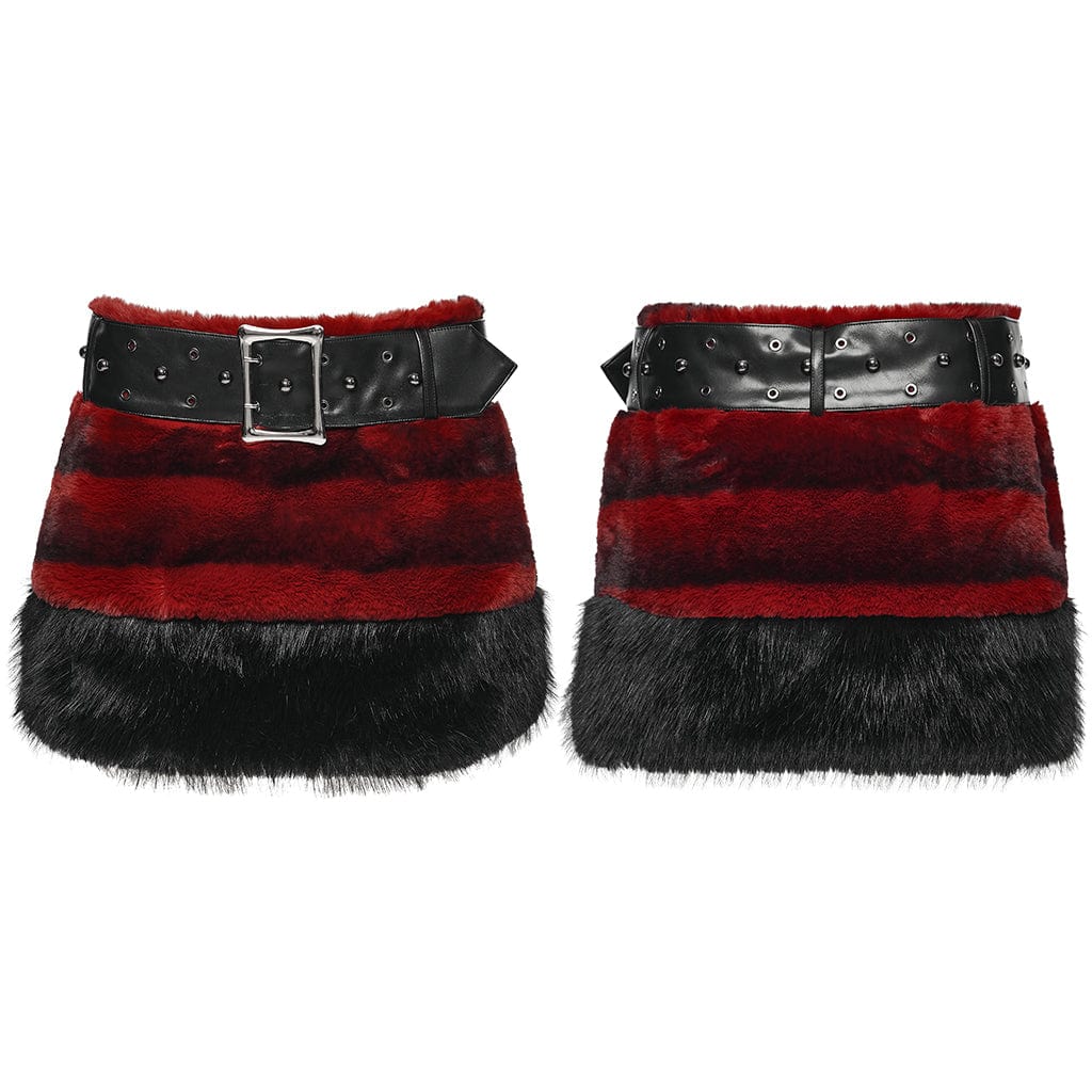 PUNK RAVE Women's Punk Faux Fur Skirt with Belt Red