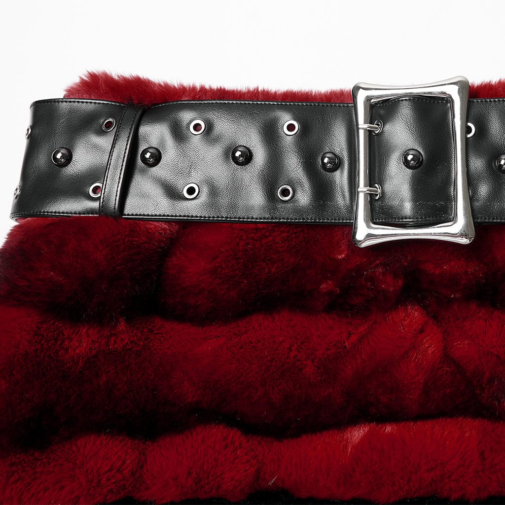 PUNK RAVE Women's Punk Faux Fur Skirt with Belt Red