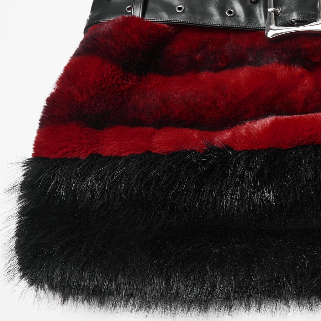 PUNK RAVE Women's Punk Faux Fur Skirt with Belt Red
