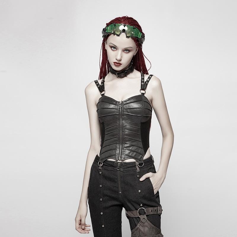 PUNK RAVE Women's Punk Faux Leather Halterneck Front Zipper Overbust Corsets