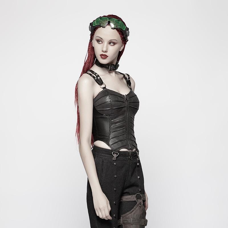 PUNK RAVE Women's Punk Faux Leather Halterneck Front Zipper Overbust Corsets