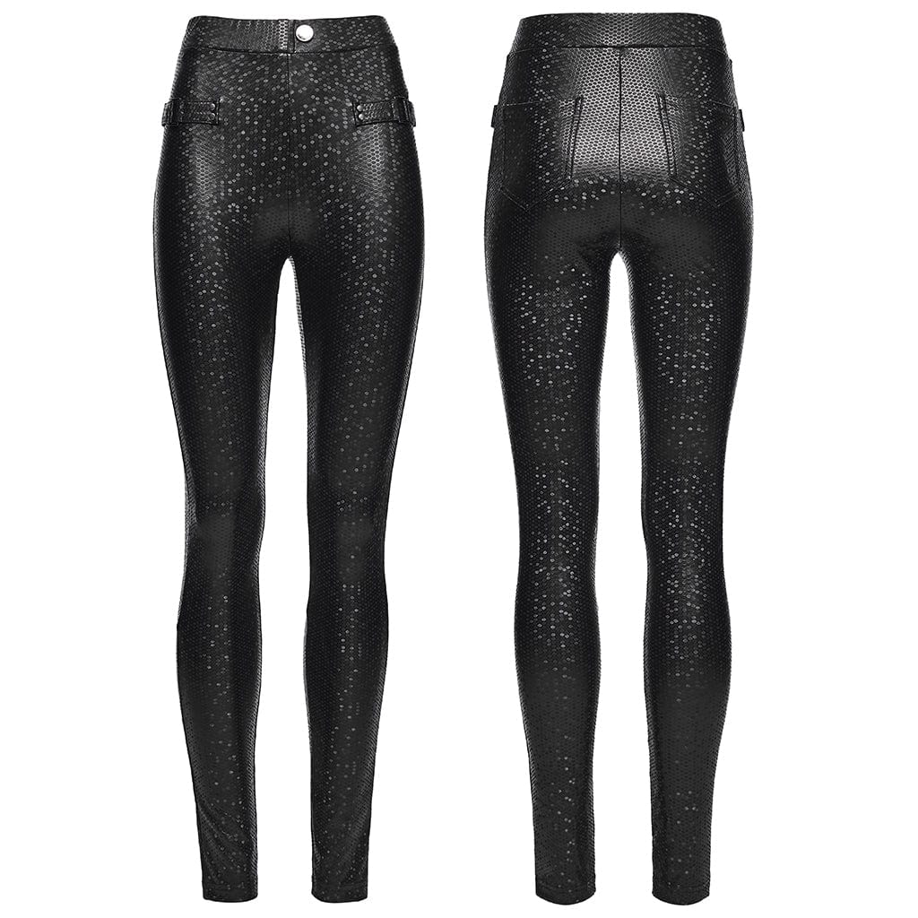 PUNK RAVE Women's Punk Honeycomb Strappy Faux Leather Leggings