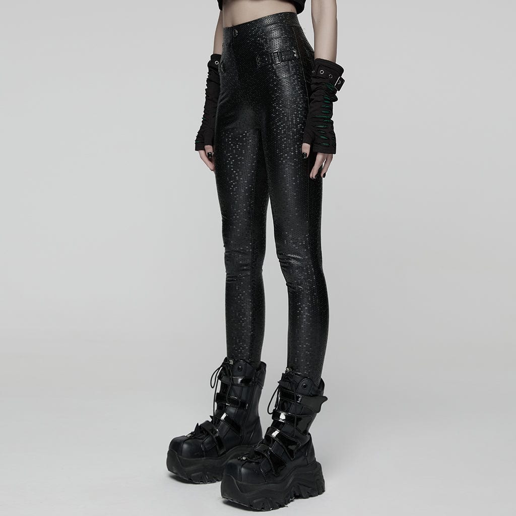 PUNK RAVE Women's Punk Honeycomb Strappy Faux Leather Leggings