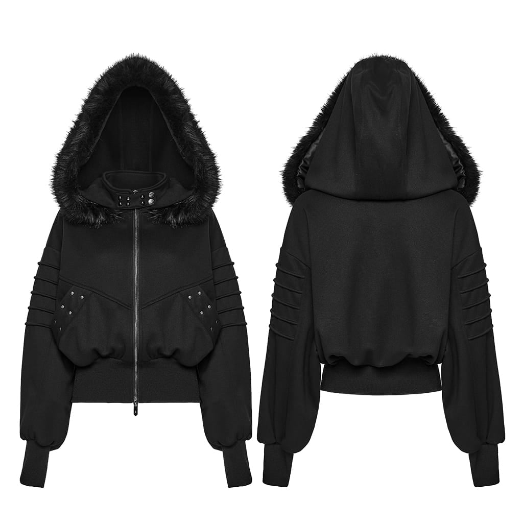 PUNK RAVE Women's Punk Hooded Detachable Faux Fur Trim Studded Jacket