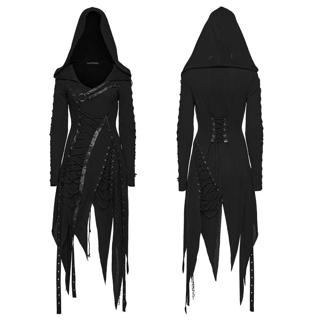 PUNK RAVE Women's Punk Hooded Lace-up Asymmetric Hem Long Sleeve Dress