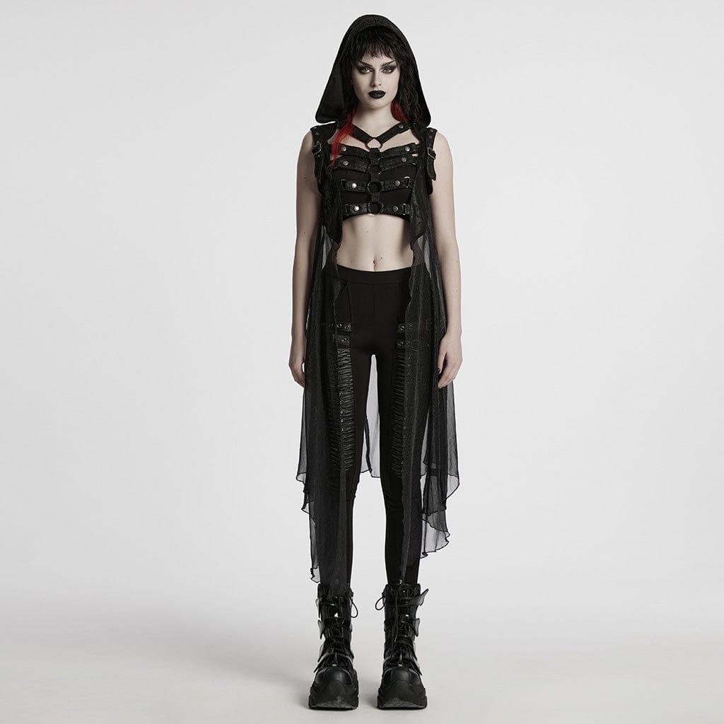 PUNK RAVE Women's Punk Hooded Mesh Harness Waistcoat