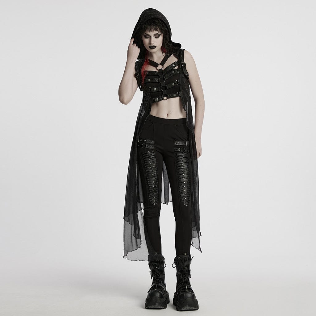 PUNK RAVE Women's Punk Hooded Mesh Harness Waistcoat