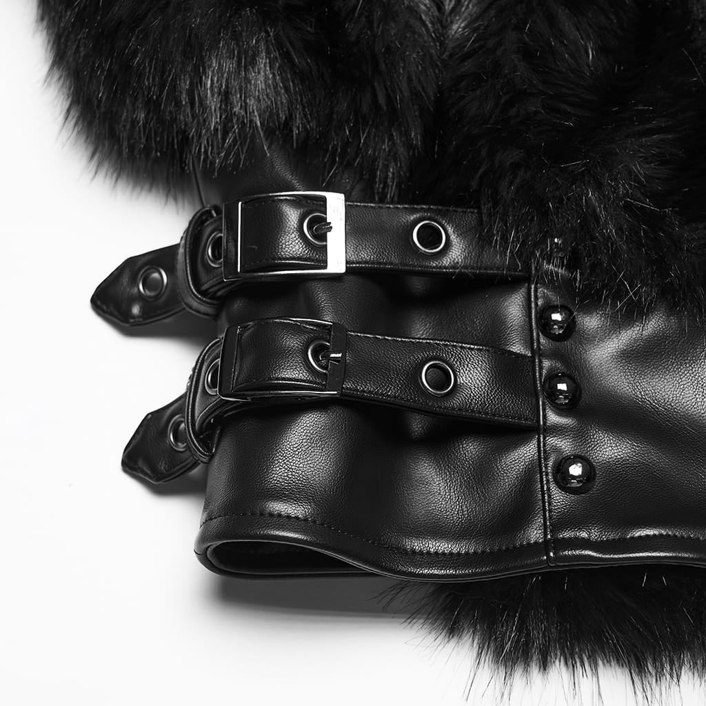 PUNK RAVE Women's Punk Hooded Stand Collar Faux Fur Faux Leather Coat
