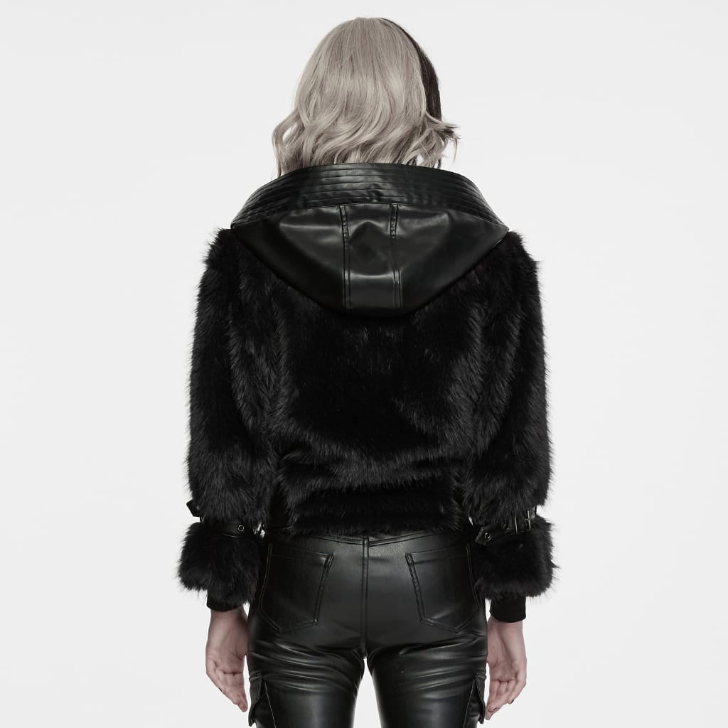 PUNK RAVE Women's Punk Hooded Stand Collar Faux Fur Faux Leather Coat