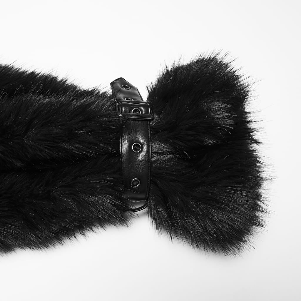 PUNK RAVE Women's Punk Hooded Stand Collar Faux Fur Faux Leather Coat