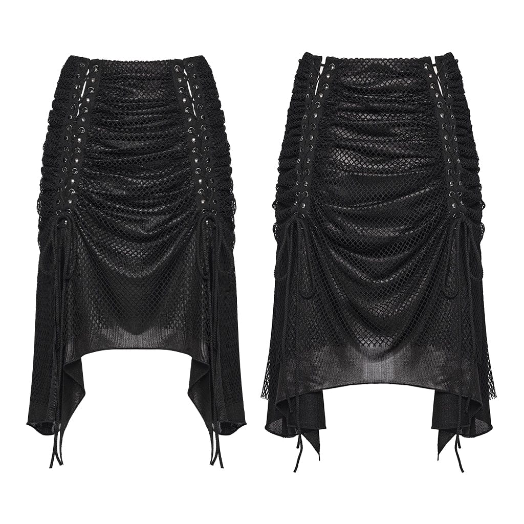 PUNK RAVE Women's Punk Irregular Lace-up Ruched Skirt