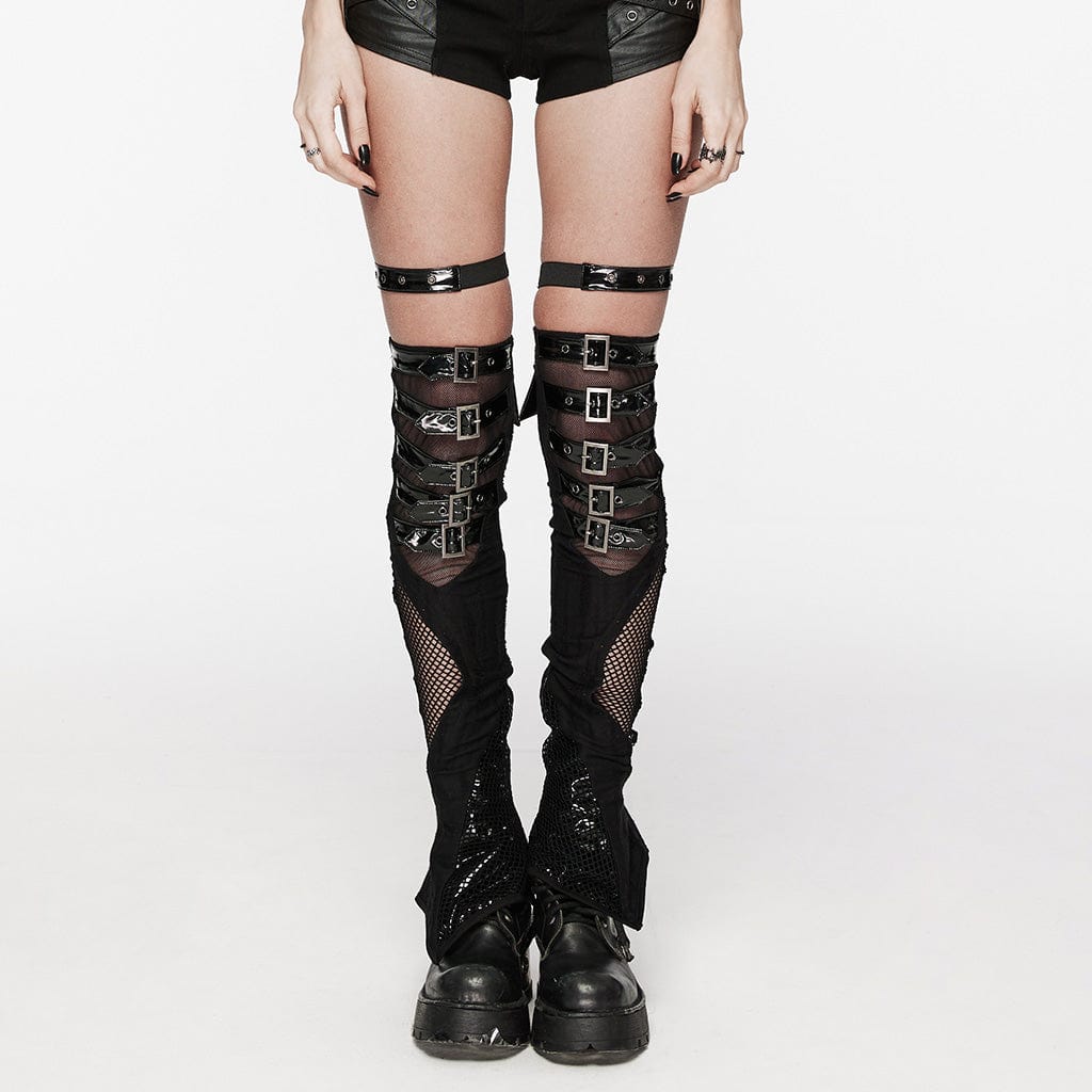 PUNK RAVE Women's Punk Irregular Mesh Splice Buckle Leg Warmer with Garter